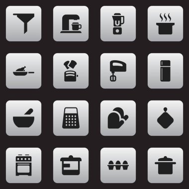 16 düzenlenebilir gıda simgeler kümesi. Shredder, çorba, buzdolabı ve daha fazlası gibi simgeler içerir. Web, mobil, UI ve Infographic tasarımı için kullanılabilir.