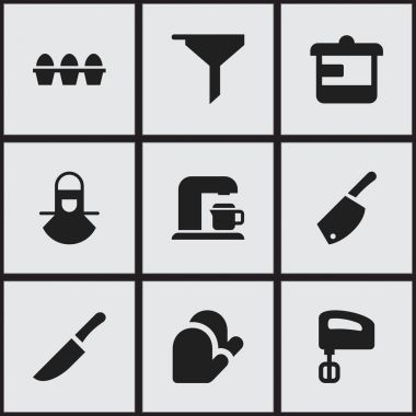 9 düzenlenebilir pişirme simgeler kümesi. Yumurta kartonu, Backsword, karıştırıcı ve daha fazlası gibi simgeler içerir. Web, mobil, UI ve Infographic tasarımı için kullanılabilir.
