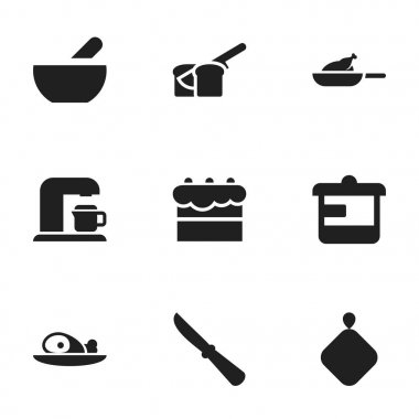 9 düzenlenebilir yemek simgeler kümesi. Pasta gibi simgeler tencere tutacağı, gereçler ve daha fazlasını içerir. Web, mobil, UI ve Infographic tasarımı için kullanılabilir.