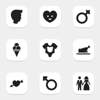 9 düzenlenebilir Kin simgeler kümesi. Çocuk, evli, elbise ve daha fazlası gibi simgeler içerir. Web, mobil, UI ve Infographic tasarımı için kullanılabilir.