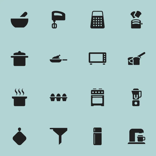 Set de 16 iconos de cocina editables. Incluye símbolos tales como refrigerador, pan de rebanada, panadería y más. Puede ser utilizado para el diseño de la tela, móvil, interfaz de usuario e infografía . — Archivo Imágenes Vectoriales