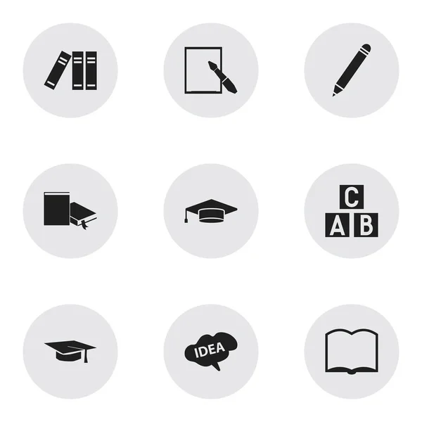 Set von 9 editierbaren Schulsymbolen. enthält Symbole wie Buch, Bücherregal, Alphabet-Würfel und mehr. kann für Web-, Mobil-, UI- und Infografik-Design verwendet werden. — Stockvektor