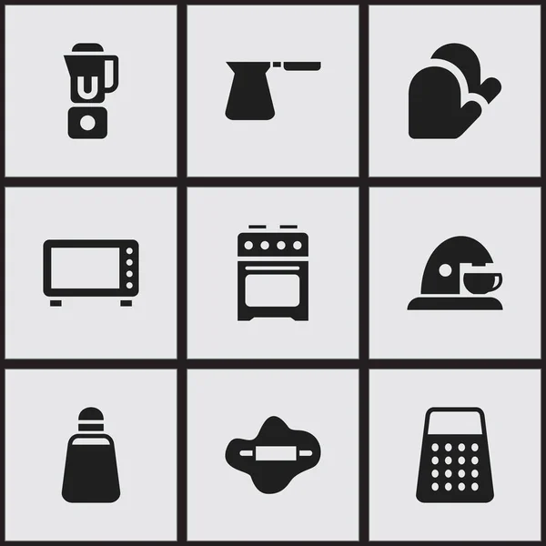 Conjunto de 9 iconos de alimentos editables. Incluye símbolos como horno, guante de cocina, estufa y más. Puede ser utilizado para el diseño de la tela, móvil, interfaz de usuario e infografía . — Vector de stock