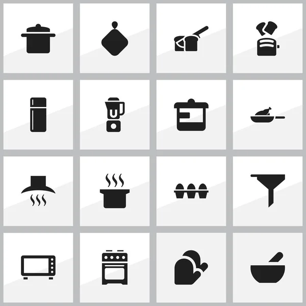 Набір з 16 піктограм їжі. Включає в себе такі символи, як суп горщик, скибочки хліба, гриль та багато іншого. Може використовуватися для веб, мобільного, інтерфейсу та інфографіки . — стоковий вектор