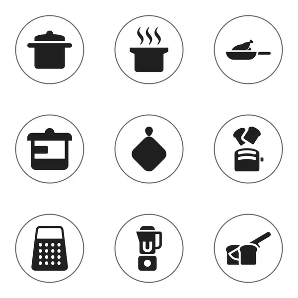 Набір з 9 значків для приготування їжі. Включає в себе такі символи, як посуд, скибочки хліба, суп горщик і багато іншого. Може використовуватися для веб, мобільного, інтерфейсу та інфографіки . — стоковий вектор