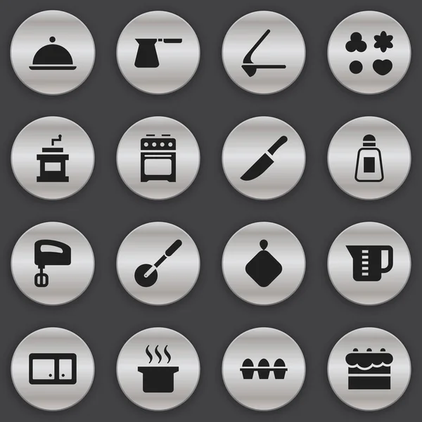 Zestaw 16 edycji ikon gotowania. Zawiera symbole, takie jak dzbanek do kawy, kruszarki, wałek noża i więcej. Mogą być używane dla sieci Web, mobilnych, interfejsu użytkownika i Infographic Design. — Wektor stockowy