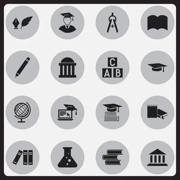 Conjunto de 16 iconos de graduación editables. Incluye símbolos tales como química, literatura, cubo del alfabeto y más. Puede ser utilizado para el diseño de la tela, móvil, interfaz de usuario e infografía . — Archivo Imágenes Vectoriales