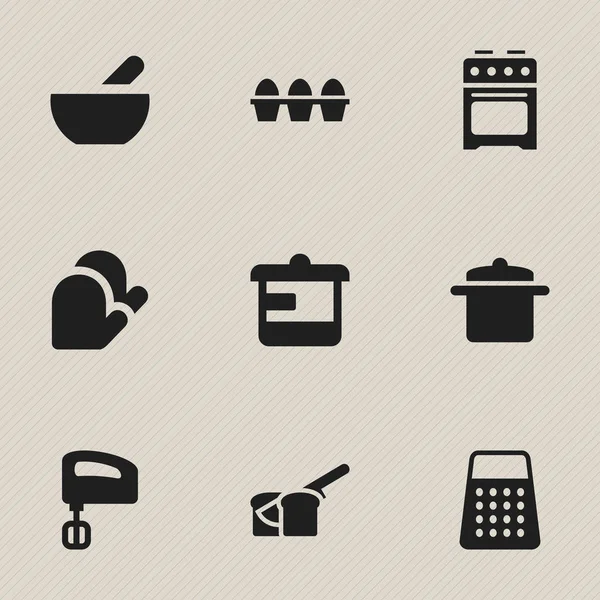 Sada 9 upravovat potraviny ikon. Obsahuje symboly polévku, míchadla, řezačky a další. Lze použít pro webové, mobilní, Ui a infografika Design. — Stockový vektor