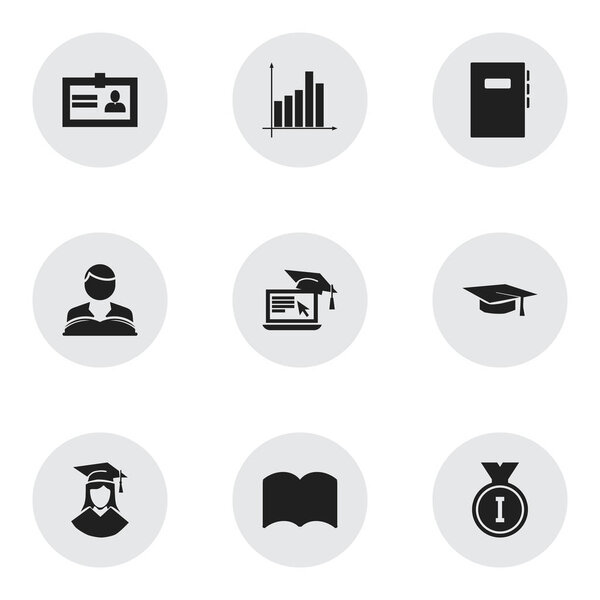Set Of 9 Editable School Icons. Includes Symbols Such As Certification, Graduated Female, Studying Boy And More. Can Be Used For Web, Mobile, UI And Infographic Design.