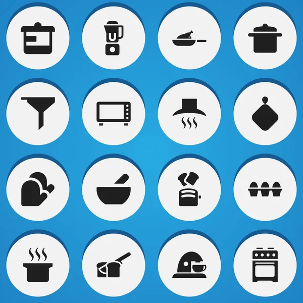 Conjunto de 16 ícones alimentares editáveis. Inclui símbolos como utensílio, luva de cozinha, suporte de panela e muito mais. Pode ser usado para Web, Mobile, UI e design infográfico . —  Vetores de Stock