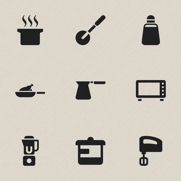 Zestaw 9 ikon jedzenie. Zawiera symbole, takie jak naczynie, papryka, piekarnik i więcej. Mogą być używane dla sieci Web, mobilnych, interfejsu użytkownika i Infographic Design. — Wektor stockowy