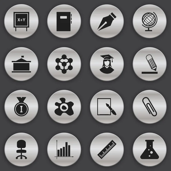 16 düzenlenebilir okul simgeler kümesi. Yeşilaycı, iş koltuk, kimya ve daha fazlası gibi simgeler içerir. Web, mobil, UI ve Infographic tasarımı için kullanılabilir.