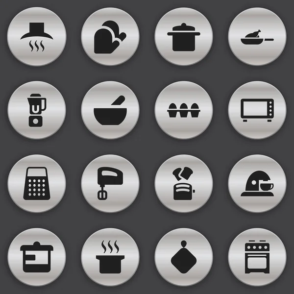 Conjunto de 16 iconos de comidas editables. Incluye símbolos como la capilla de la cocina, cartón de huevo, sopa y más. Puede ser utilizado para el diseño de la tela, móvil, interfaz de usuario e infografía . — Vector de stock