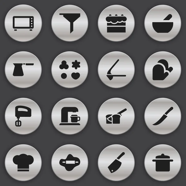 Set von 16 editierbaren Menüsymbolen. beinhaltet Symbole wie Kochmütze, Brecher, Rührwerk und mehr. kann für Web-, Mobil-, UI- und Infografik-Design verwendet werden. — Stockvektor