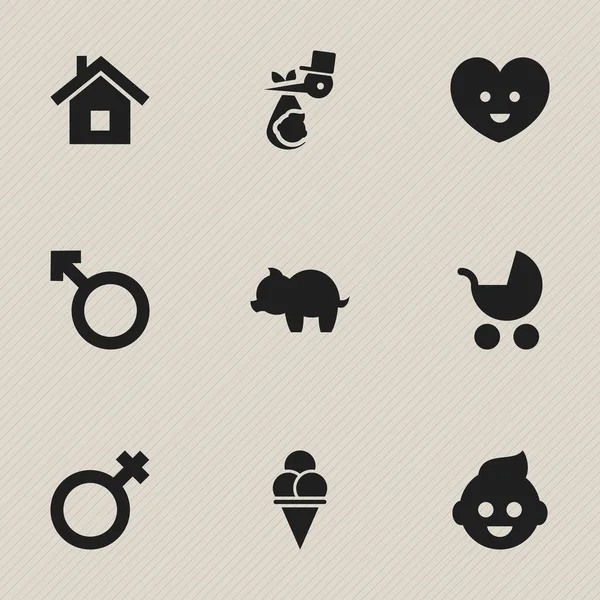 Набір з 9 піктограм для редагування сімей. Включає в себе такі символи, як Людина Герб, Дитина, Душа і багато іншого. Може використовуватися для веб, мобільного, інтерфейсу та інфографіки . — стоковий вектор