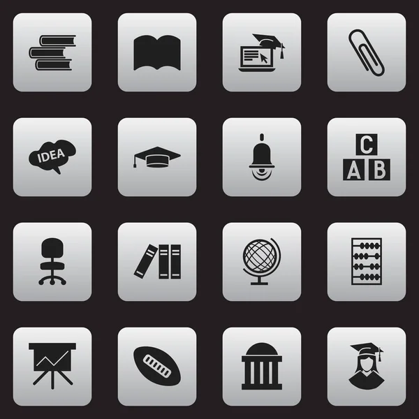 Satz von 16 editierbaren Bildungs-Symbolen. umfasst Symbole wie Diagrammtafel, Arbeitssitz, Absolvent und mehr. kann für Web-, Mobil-, UI- und Infografik-Design verwendet werden. — Stockvektor