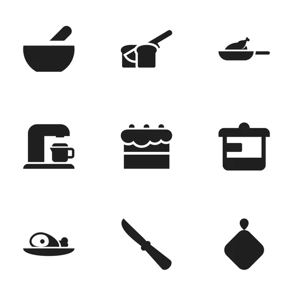 Zestaw 9 ikon można edytować posiłek. Zawiera symbole, takie jak ciasta,-łapka, przybory i więcej. Mogą być używane dla sieci Web, mobilnych, interfejsu użytkownika i Infographic Design. — Wektor stockowy