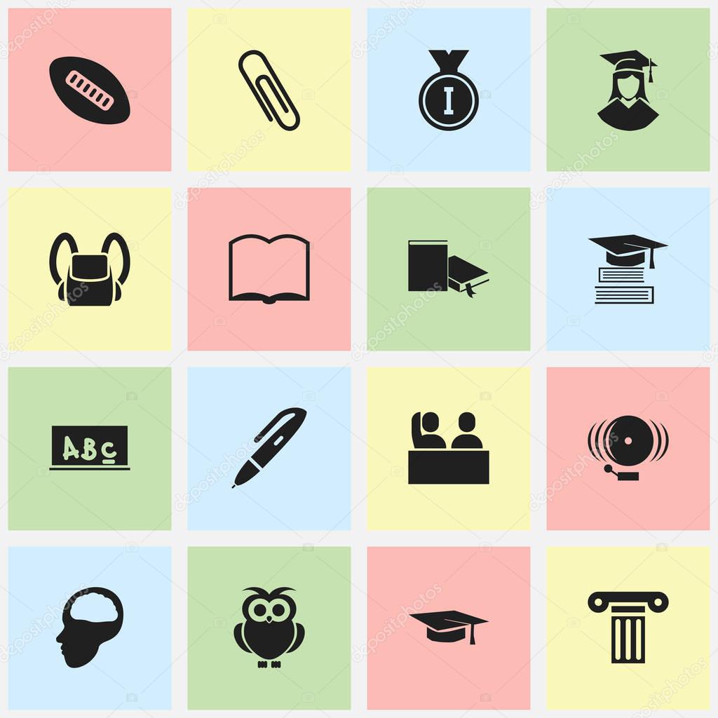 Set Of 16 Editable University Icons. Includes Symbols Such As Bookmark, Oval Ball, Cerebrum And More. Can Be Used For Web, Mobile, UI And Infographic Design.