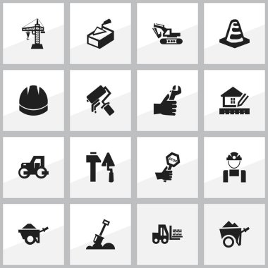 16 düzenlenebilir inşaat simgeler kümesi. Arabası, ev planlama, uyarı nesne ve daha fazlası gibi simgeler içerir. Web, mobil, UI ve Infographic tasarımı için kullanılabilir.