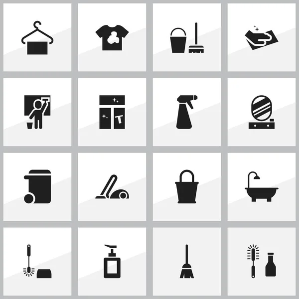 Zestaw 16 edycji ikon pralni chemicznej. Zawiera symbole, takie jak Wc, czyszczenie, lustro ścienne, łazienka i więcej. Mogą być używane dla sieci Web, mobilnych, interfejsu użytkownika i Infographic Design. — Wektor stockowy