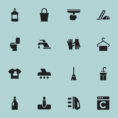 16 düzenlenebilir hijyen simgeler kümesi. Buhar, elektrik süpürgesi, askı ve daha fazlası gibi simgeler içerir. Web, mobil, UI ve Infographic tasarımı için kullanılabilir.