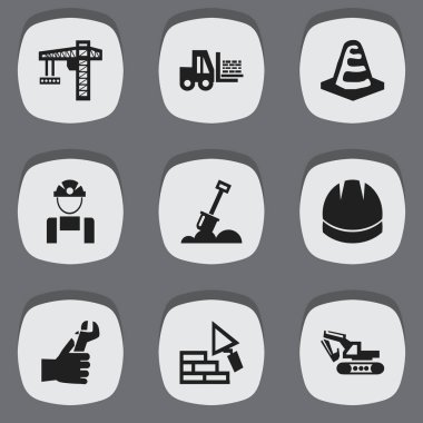 9 düzenlenebilir bina simgeler kümesi. Kask, çalışan, kazı makine ve daha fazlası gibi simgeler içerir. Web, mobil, UI ve Infographic tasarımı için kullanılabilir.
