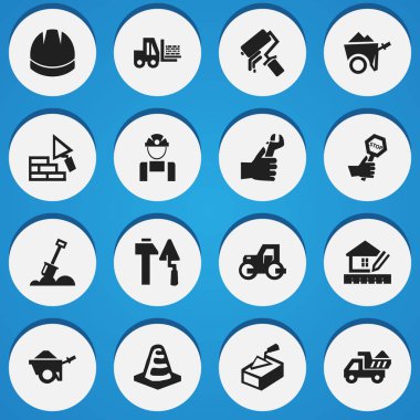 16 düzenlenebilir yapısını simgeler kümesi. İnşaat araçları, bakan, çalışan ve daha fazla gibi simgeler içerir. Web, mobil, UI ve Infographic tasarımı için kullanılabilir.
