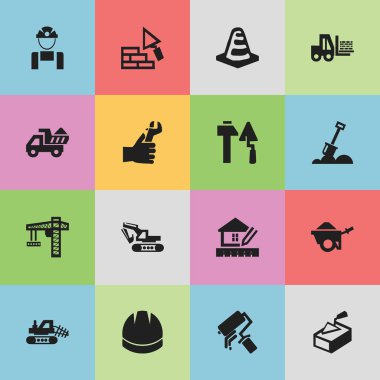 16 düzenlenebilir bina simgeler kümesi. Camion, Spatula, kamyon ve daha fazlası gibi simgeler içerir. Web, mobil, UI ve Infographic tasarımı için kullanılabilir.