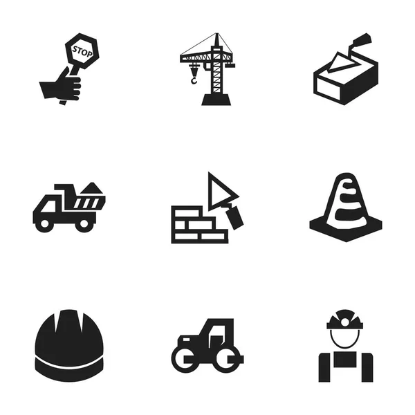 Set von 9 editierbaren Konstruktionssymbolen. umfasst Symbole wie Gesicht, Mitarbeiter, Hardhat und vieles mehr. kann für Web-, Mobil-, UI- und Infografik-Design verwendet werden. — Stockvektor