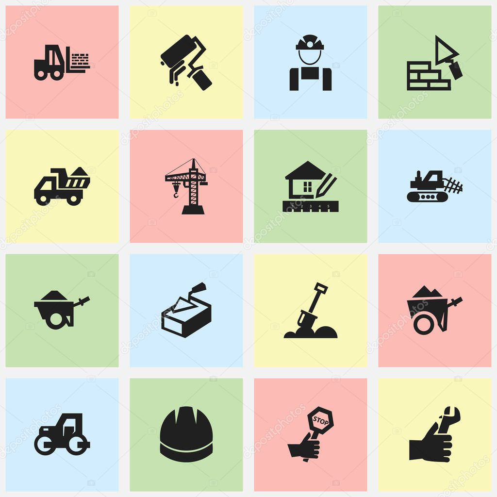 Set Of 16 Editable Building Icons. Includes Symbols Such As Facing, Endurance, Truck And More. Can Be Used For Web, Mobile, UI And Infographic Design.