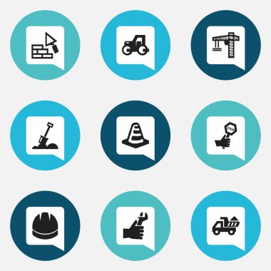 9 düzenlenebilir inşaat simgeler kümesi. Camion, eller, kaldırma donanımları gibi simgeler içerir. Web, mobil, UI ve Infographic tasarımı için kullanılabilir.