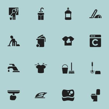 16 düzenlenebilir Kuru Temizleme simgeler kümesi. Elektrikli süpürge, hizmetçi, çamaşırcı ve daha fazlası gibi simgeler içerir. Web, mobil, UI ve Infographic tasarımı için kullanılabilir.