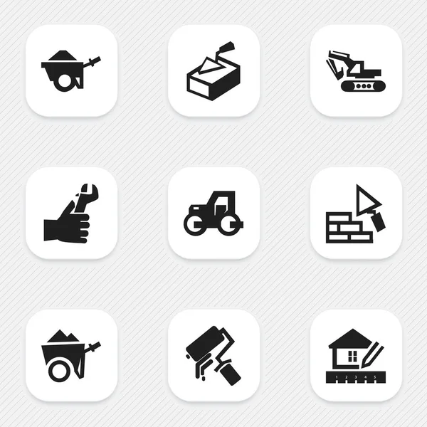 9 düzenlenebilir inşaat simgeler kümesi. Bodur, bakan, çekçek gibi simgeler içerir. Web, mobil, UI ve Infographic tasarımı için kullanılabilir.