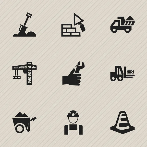 Zestaw 9 ikon edycji budowlane. Zawiera symbole, takie jak stoi, pracownik, Camion i więcej. Mogą być używane dla sieci Web, mobilnych, interfejsu użytkownika i Infographic Design. — Wektor stockowy