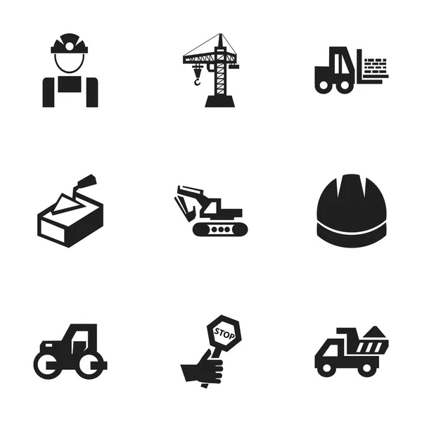 Conjunto de 9 iconos de construcción editables. Incluye símbolos como Hardhat, Espátula, Oruga y más. Puede ser utilizado para el diseño de la tela, móvil, interfaz de usuario e infografía . — Vector de stock