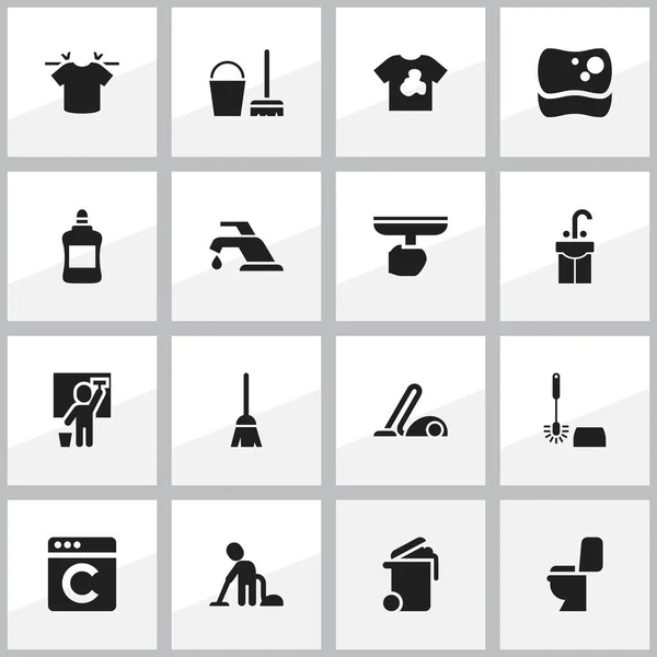 Set van 16 bewerkbare schoonmaak iconen. Bevat symbolen zoals kraan, bezemsteel, wastafel en meer. Kan worden gebruikt voor Web, Mobile, Ui en Infographic Design. — Stockvector