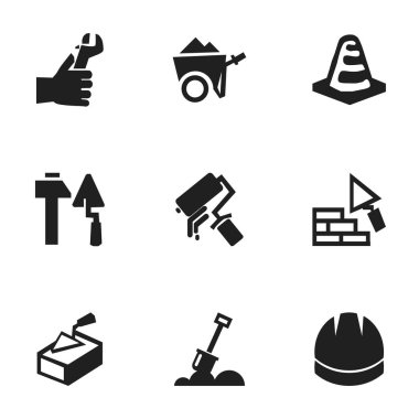 9 düzenlenebilir bina simgeler kümesi. Eller, bakan, kürek gibi simgeler içerir. Web, mobil, UI ve Infographic tasarımı için kullanılabilir.