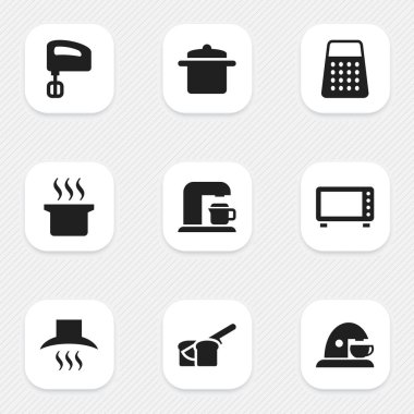 9 düzenlenebilir Cook simgeler kümesi. Mutfak Hood, içecek makinesi, fincan ve daha fazla gibi simgeler içerir. Web, mobil, UI ve Infographic tasarımı için kullanılabilir.