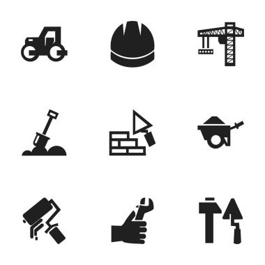 9 düzenlenebilir inşaat simgeler kümesi. Simgeleri kaldırma donanımları, kürek, Caterpillar ve daha fazlasını içerir. Web, mobil, UI ve Infographic tasarımı için kullanılabilir.