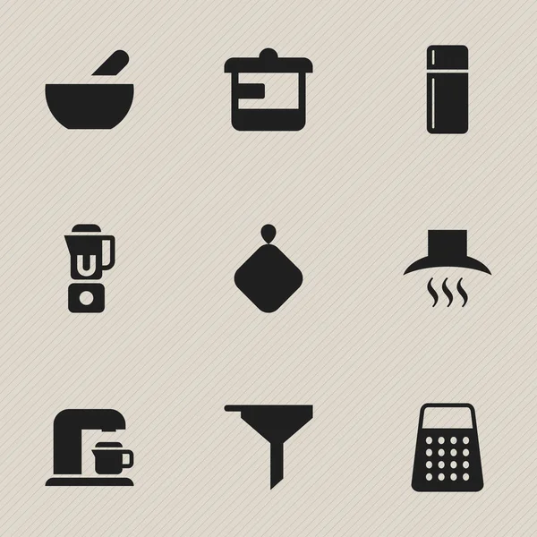 Set von 9 editierbaren Food-Symbolen. enthält Symbole wie Kühlschrank, Getränkemaschine, Geschirr und vieles mehr. kann für Web-, Mobil-, UI- und Infografik-Design verwendet werden. — Stockvektor