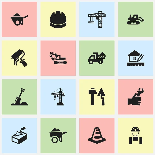 Set Of 16 Editable Structure Icons. Includes Symbols Such As Excavation Machine , Handcart , Oar. Can Be Used For Web, Mobile, UI And Infographic Design. — Stock Vector