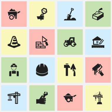 16 düzenlenebilir bina simgeler kümesi. Spatula, bakan, eller gibi simgeler içerir. Web, mobil, UI ve Infographic tasarımı için kullanılabilir.