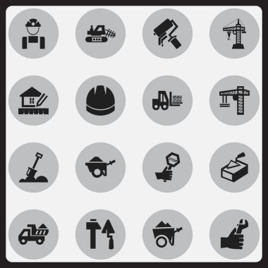 16 düzenlenebilir inşaat simgeler kümesi. Bulutsuz, inşaat araçları, eller gibi simgeler içerir. Web, mobil, UI ve Infographic tasarımı için kullanılabilir.