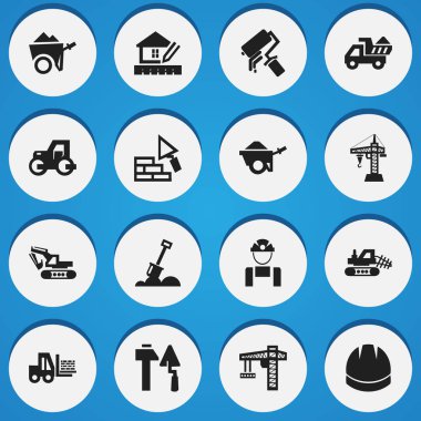 16 düzenlenebilir inşaat simgeler kümesi. Kamyon, Caterpillar, arabası ve daha fazlası gibi simgeler içerir. Web, mobil, UI ve Infographic tasarımı için kullanılabilir.