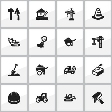 16 düzenlenebilir bina simgeler kümesi. Kask, kaldırma ekipmanları, Spatula ve daha fazla gibi simgeler içerir. Web, mobil, UI ve Infographic tasarımı için kullanılabilir.