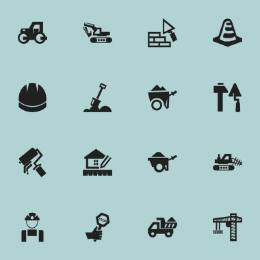 16 düzenlenebilir bina simgeler kümesi. Kask, Caterpillar, bodur ve daha fazlası gibi simgeler içerir. Web, mobil, UI ve Infographic tasarımı için kullanılabilir.