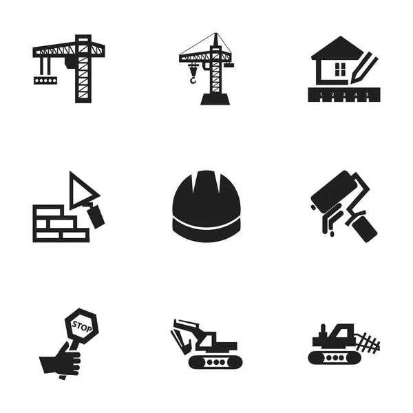 Zestaw 9 ikon można edytować budynku. Zawiera symbole, takie jak windy, kasków ochronnych, peeling i więcej. Mogą być używane dla sieci Web, mobilnych, interfejsu użytkownika i Infographic Design. — Wektor stockowy