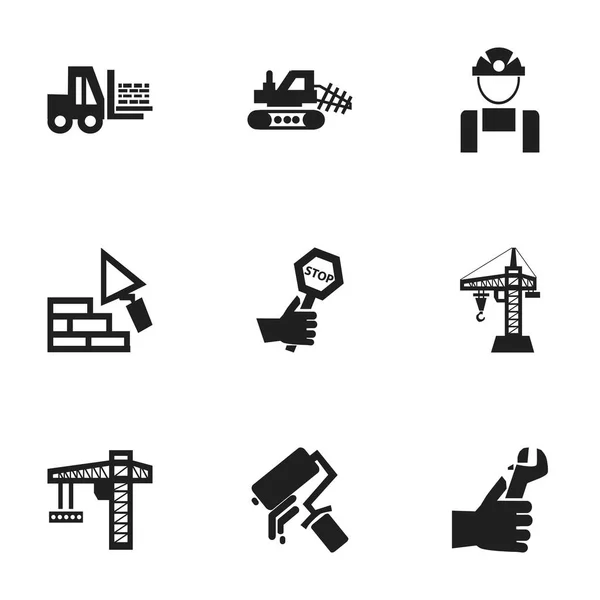 Satz von 9 editierbaren Struktursymbolen. umfasst Symbole wie Hände, Hebezeuge, LKW. kann für Web-, Mobil-, UI- und Infografik-Design verwendet werden. — Stockvektor