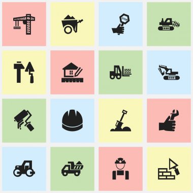 16 düzenlenebilir bina simgeler kümesi. Caterpillar, kamyon, dayanıklılık ve daha fazlası gibi simgeler içerir. Web, mobil, UI ve Infographic tasarımı için kullanılabilir.