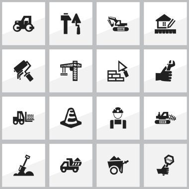 16 düzenlenebilir bina simgeler kümesi. Eller, kaldırma donanımları, kazı makinesi gibi simgeler içerir. Web, mobil, UI ve Infographic tasarımı için kullanılabilir.